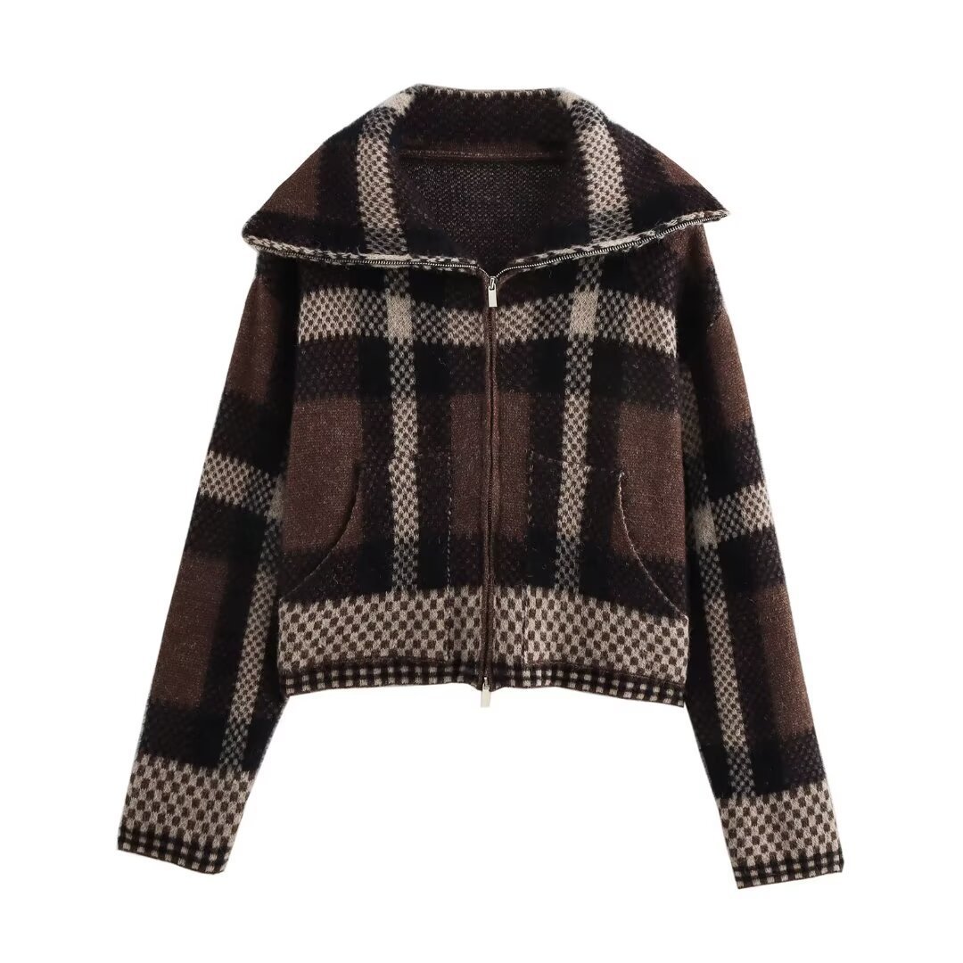 Women's clothing 2024 autumn and winter new street fashion plaid zipper sweater jacket_voghion.com
