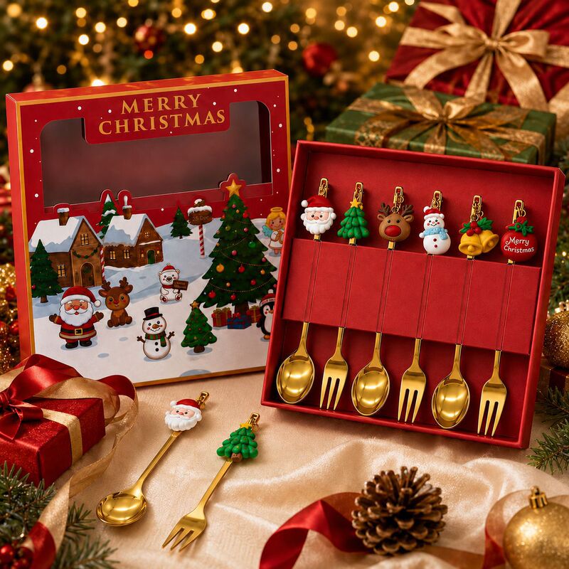 Cross-Border Christmas Tableware Stainless Steel Dessert Spoon Cartoon Pendant Coffee Spoon Bell Fruit Fork Children's Gift Set Cross-Border Christmas Tableware Stainless Steel Dessert Spoon Cartoon Pendant Coffee Spoon Bell Fruit Fork Children's Gift Set