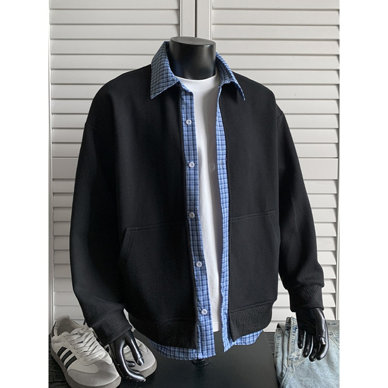 Fake Two-Piece Plaid Patchwork Jacket for Men 2025 New Autumn American Style Heavyweight Sweatshirt Cleanfit Cardigan Jacket Fake Two-Piece Plaid Patchwork Jacket for Men 2025 New Autumn American Style Heavyweight Sweatshirt Cleanfit Cardigan Jacket