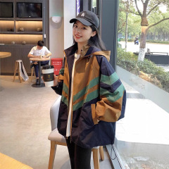 连帽风衣外套女款2025秋季新款撞色宽松条纹棒球服工装冲锋衣夹克