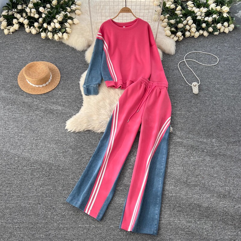 Korean Style Casual Sports Suit for Women in Autumn, Loose and Versatile Round Neck Sweatshirt, High Waist Denim Splicing Trousers Korean Style Casual Sports Suit for Women in Autumn, Loose and Versatile Round Neck Sweatshirt, High Waist Denim Splicing Trousers