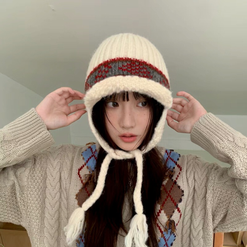 韩系复古提花针织雷锋帽女秋冬显脸小毛线帽显脸小保暖防寒护耳帽|undefined