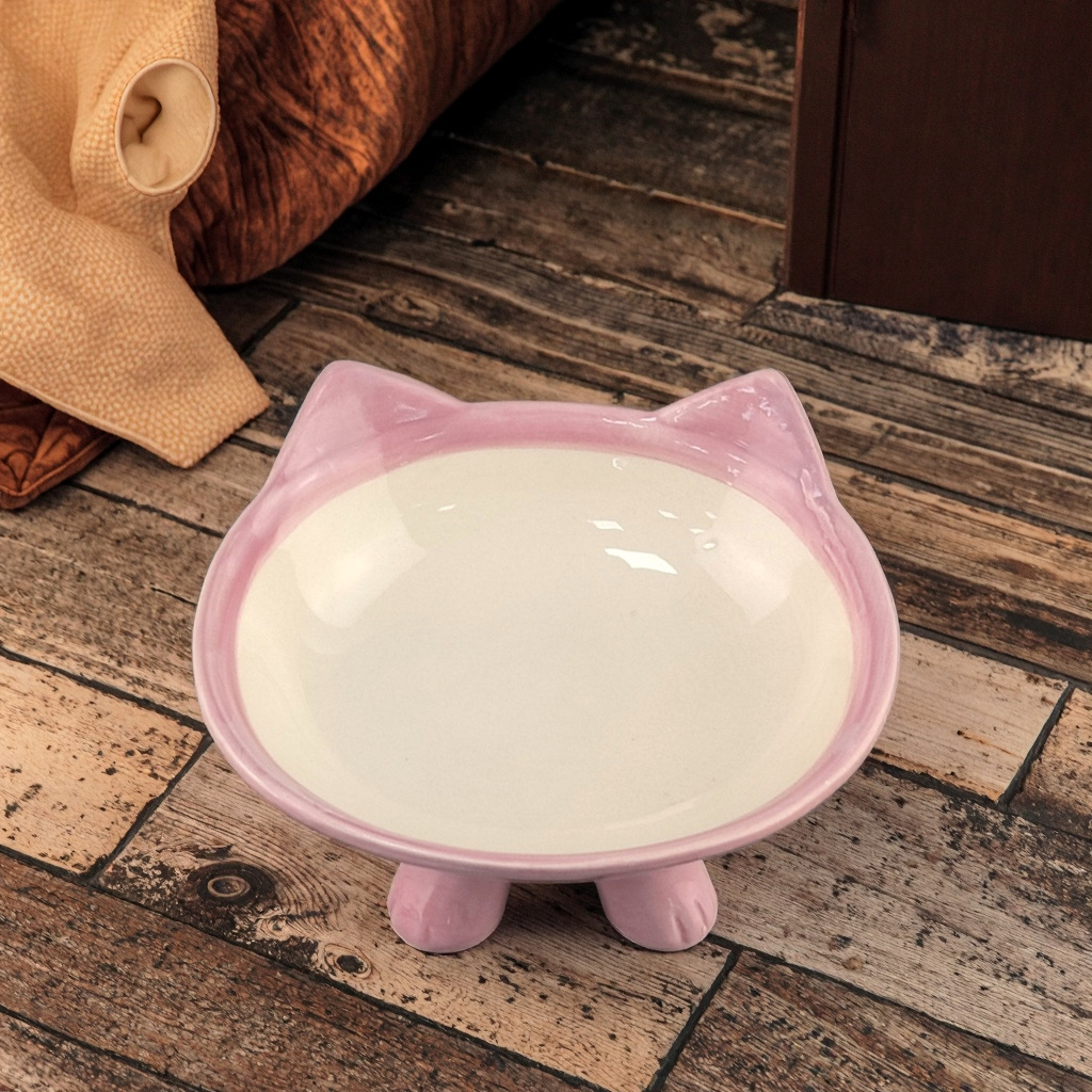 Oreja de gato rosa cuenco de gato cuenco de cerámica para mascotas de pie alto boca inclinada lavabo para gatos animal fácil de limpiar lindo lavabo de comida para mascotas de cerámica