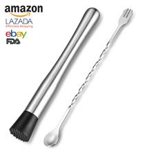 跨境不锈钢碎冰棒10英寸调酒碎冰器 鸡尾酒奶茶捣冰器吧勺搅拌棒