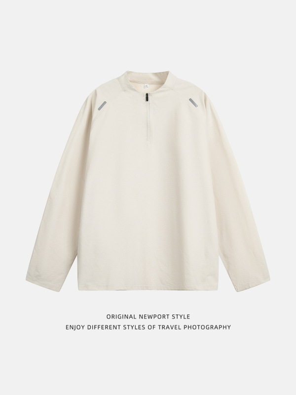 ハーフジップスタンドアップカラースポーツ長袖Tシャツメンズ秋の新反射ストリップデザイン日焼け止め通気性ルーズTシャツ|undefined