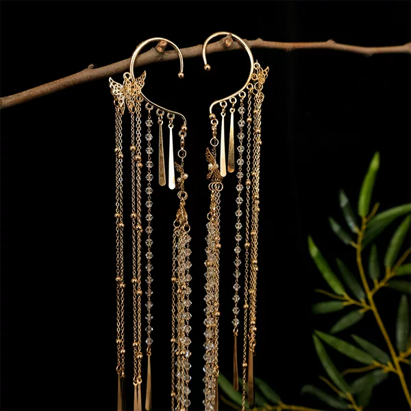 Antique Hanfu Butterfly Pendant Earrings Without Ear Holes Long Tassel Earrings National Style Han Element Earrings Jewelry