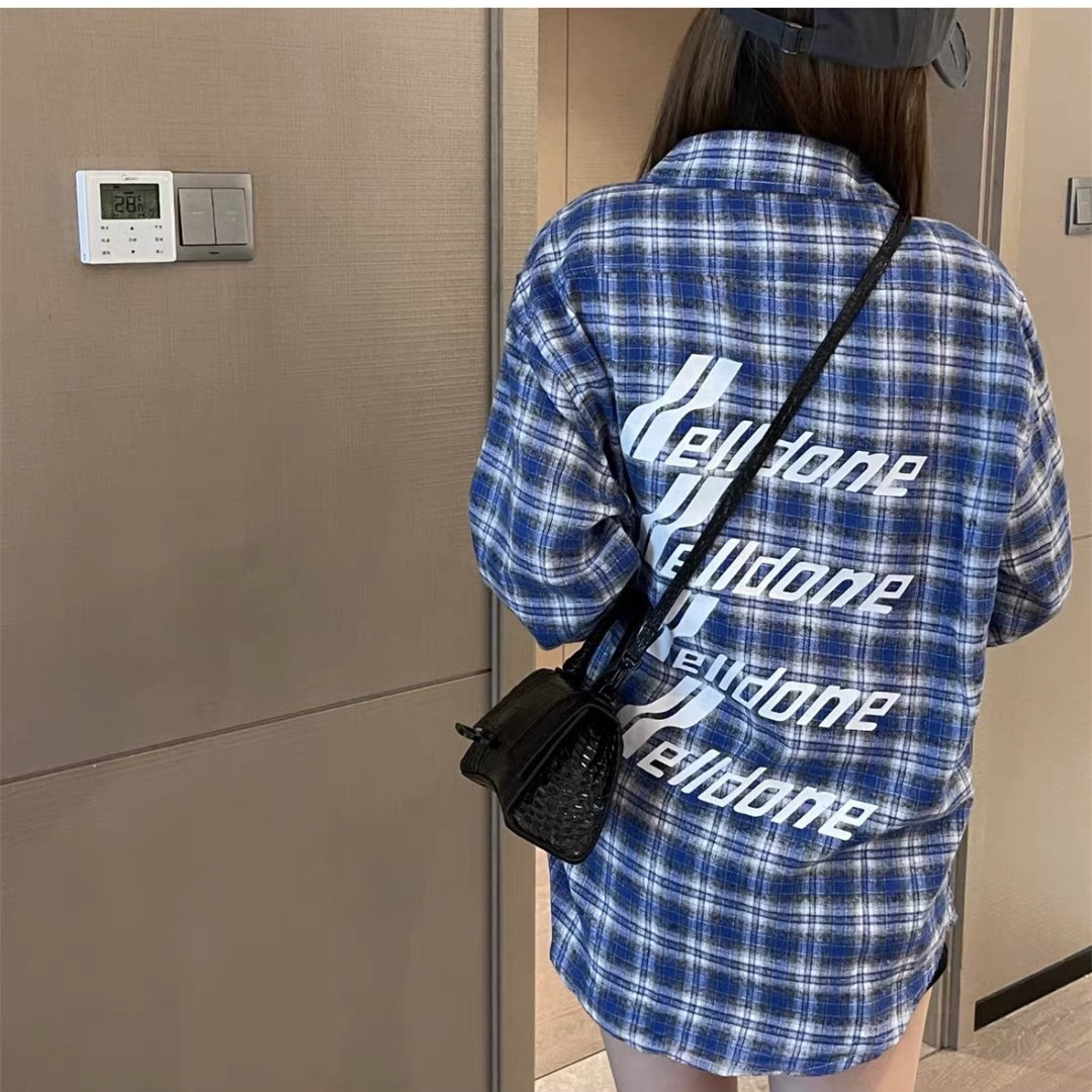 WE11经典数据款弹幕字母LOGO印花蓝色格子衬衫美式复古衬衣