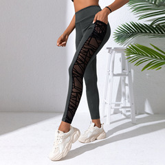 Euro-American Yoga Pants Leggings Plus Size Net Fabric Splicing Yoga Clothes Hip Lift Abdominal Strengthening Long Pants Exercise Fitness Running Pants