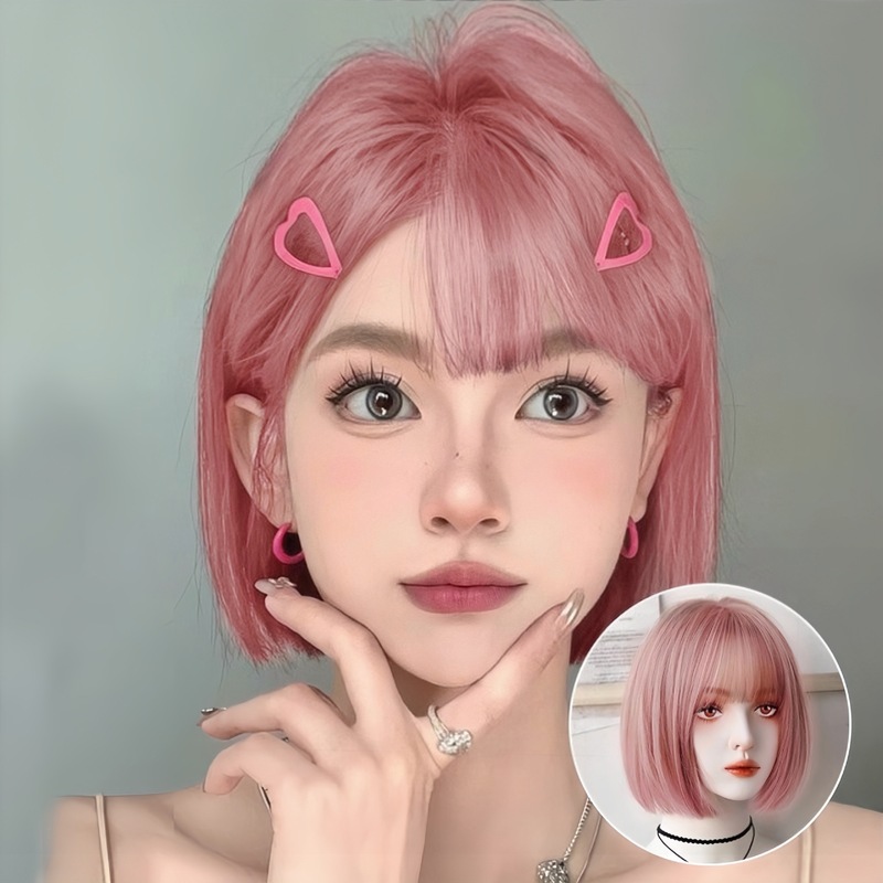 ピンクウィッグフルヘッドセット女性のショートストレートヘアロリータ日本の女の子年齢軽減ボブヘアふわふわシミュレーションウィッグセット|undefined