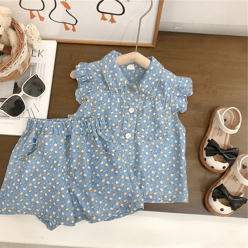 Girls summer flying sleeve denim floral suit baby girl clothes Korean version 2024 new children's two-piece set
