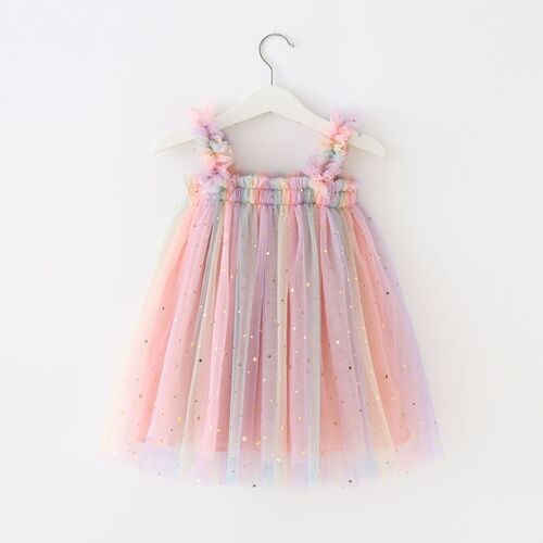 New Kids Dress Sparkling Star Rainbow Straps Net Fabric Puffed Dress Baby Photo Princess Dress Dropshipping