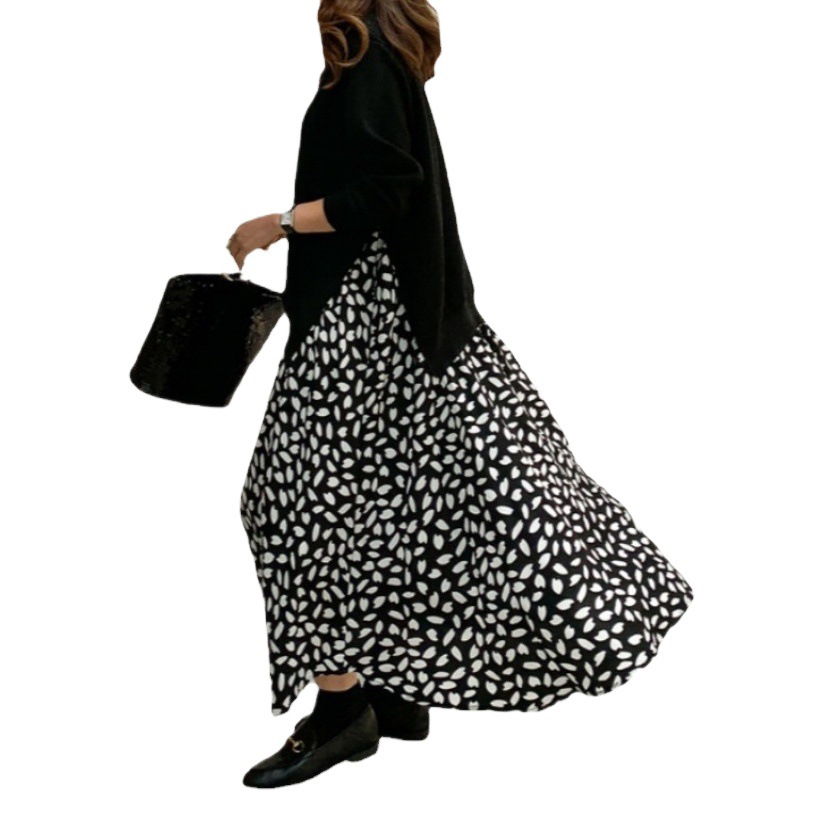 Foreign Trade 2023 Autumn and Winter New Large Size Long-sleeved T-shirt Stitching Printed Large-swing Dress Round Neck Fake Two-piece Long Dress
