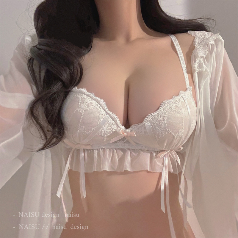 Cute Pure Lust Style Lace Intimates for Women with Small Breasts, Push-Up Support, Mesh Sexy Bow Bra Set