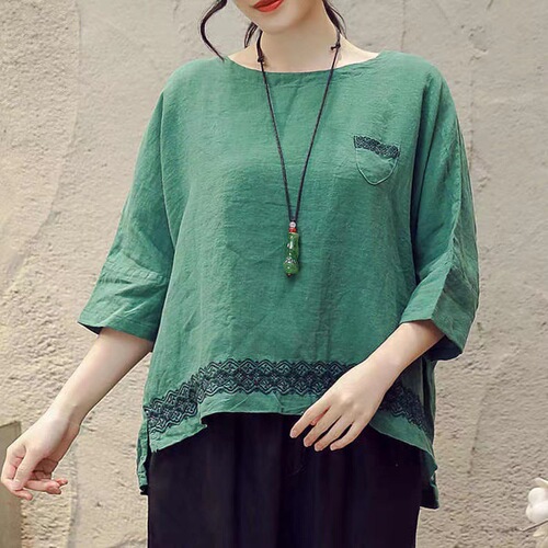 Summer Retro Cotton Linen 2025 Women's Large Size Loose Cover-Up V-Neck T-Shirt Blouse