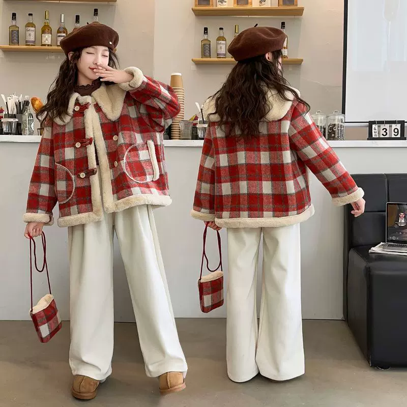 女童格子皮毛一体外套秋冬款新款加绒加厚女大童冬装儿童时尚衣服