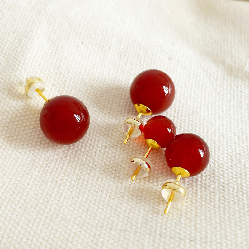 S925 Sterling Silver Needle Natural Red and Green Agate Earrings, High-End Elegant, Versatile and Popular Earrings Qingdao Export Jewelry Batch
