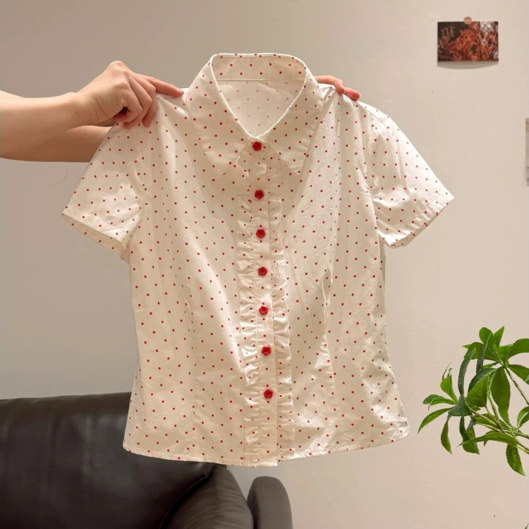 Red Polka Dot Polo Collar Short-Sleeve Waist-Cinching Shirt for Women, Summer 2026, with Ruffled Edges, Slim-Fit, Turn-Down Collar Top