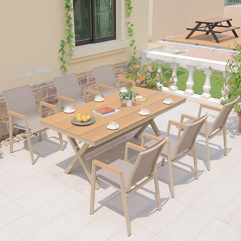 6 * silla de tela de malla teslin + mesa larga de madera plástica 220 * 90 cm