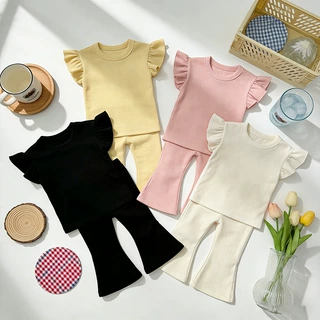 女童夏装纯色新款薄款飞袖上衣喇叭裤套装夏季女宝宝家居服两件套