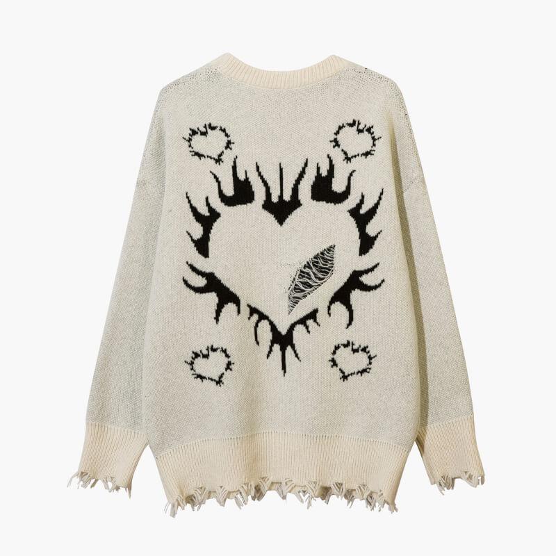 Herrenbekleidung Mode Retro Hip Hop lockerer Freizeitpullover Herzförmiger Flammenloch-Jacquardpullover Herren- und Damenoberteile_voghion.com