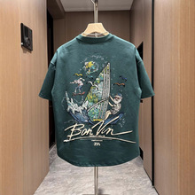 潮流时尚百搭帆船漫画卡通男士发泡刺绣印花短袖 T恤休闲宽松半袖
