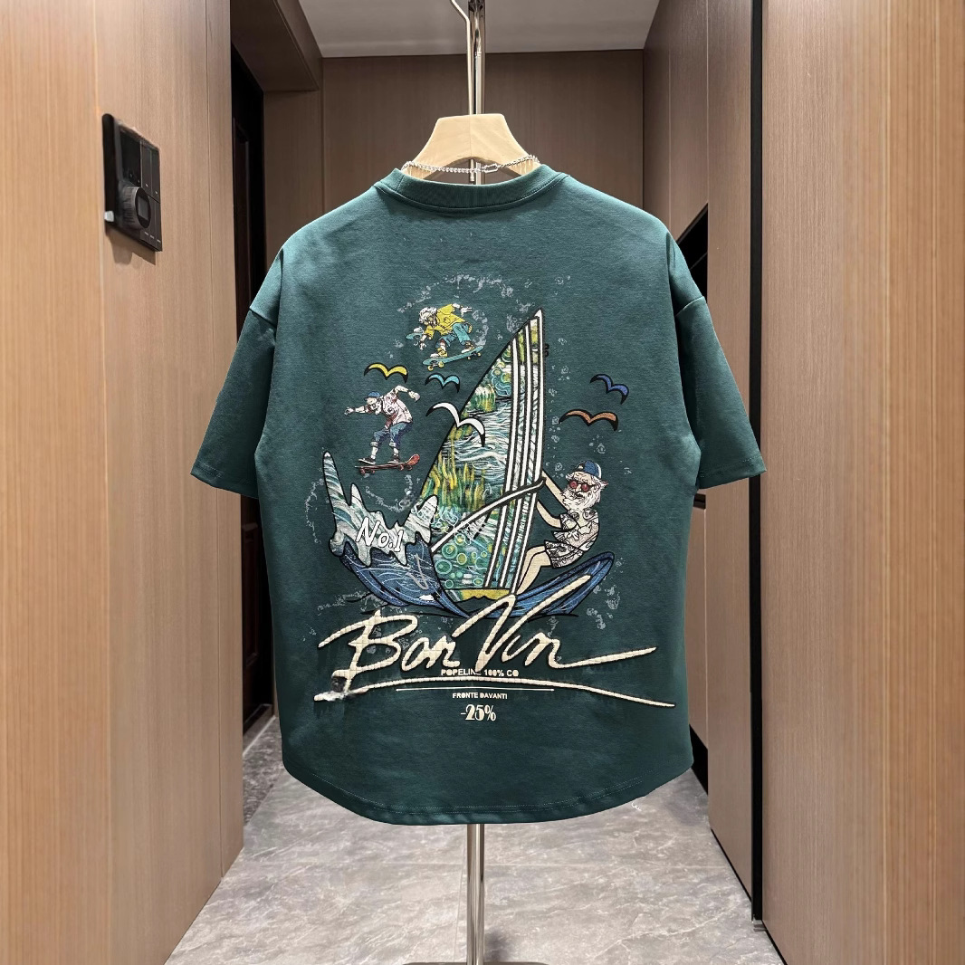 潮流时尚百搭帆船漫画卡通男士发泡刺绣印花短袖 T恤休闲宽松半袖