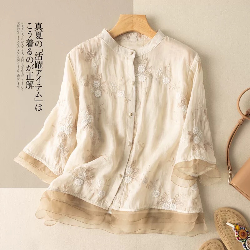 Heavy Embroidered Ramie Top Women's Seven-Sleeve Cotton and Linen Lace Stitching Small Shirt Women's Artistic Retro New Style