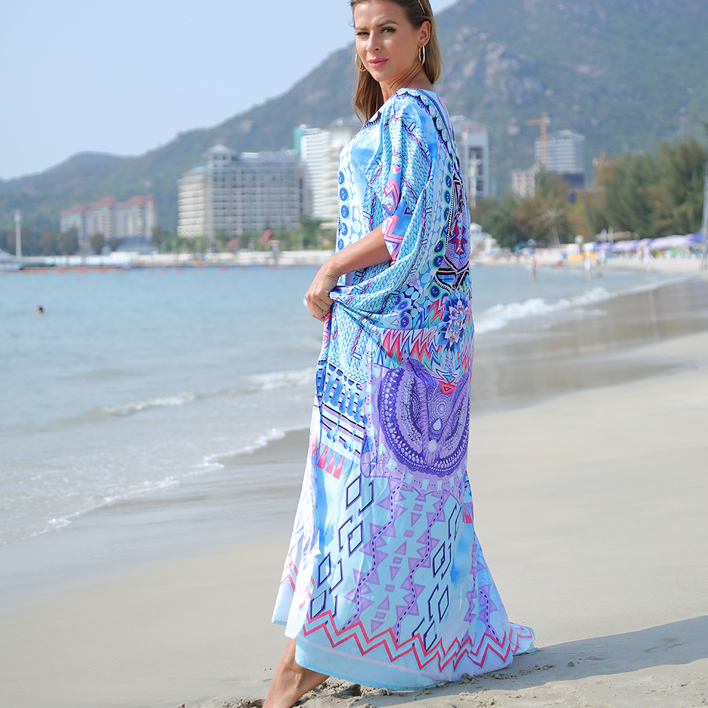 Europa y América verde serpiente impresión suelta más tamaño traje de playa vestido bikini cover up vacaciones sol protección camisa 1D39