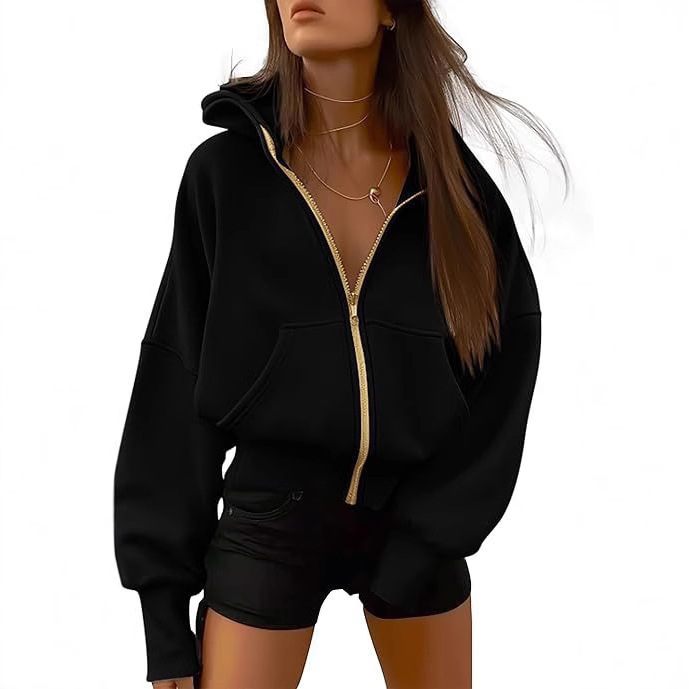 Amazon Women's Zipper Hooded Long Sleeve Short Sweatshirt New Hooded Sweatshirt 2024 Fashion Autumn and Winter Clothes