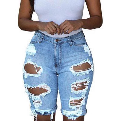 Suministro transfronterizo popular de estilo europeo y americano de moda de cintura alta pantalones cortos de mezclilla rasgados para las mujeres