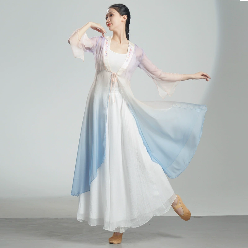 Одежда для классического танца для женщин, элегантные топы феи, длинные рубашки с градиентом, одежда для выступлений, одежда для занятий китайскими танцами в стиле рифмы.