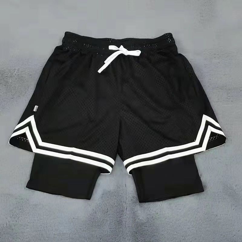 American Double Layer Basketball Shorts Men's No Knee Sports Pants Fake Two-Piece Running Fitness Triple Quad Pants with Lining for Summer