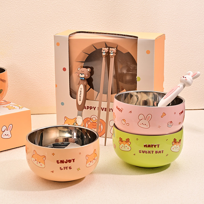 Children's Bowl 316 Stainless Steel Kindergarten Baby Eating Bowl Double-Layer Insulated Anti-Scalding Supplementary Food Bowl Tableware Feeding