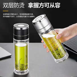 双层玻璃杯泡茶杯一键开盖速开杯水杯茶水分离高硼硅杯子印字LOGO