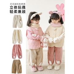 吾里卜一女童闊腿褲2024冬季卡通玩偶長褲保暖兒童韓版寶寶休閒褲