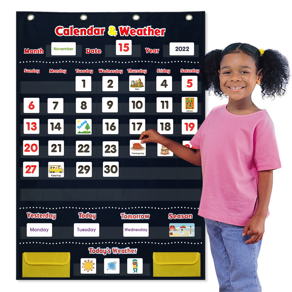The new weather calendar includes a card holder. It helps students learn about dates, seasons, weather changes, holidays, and activities. It's a learning tool.