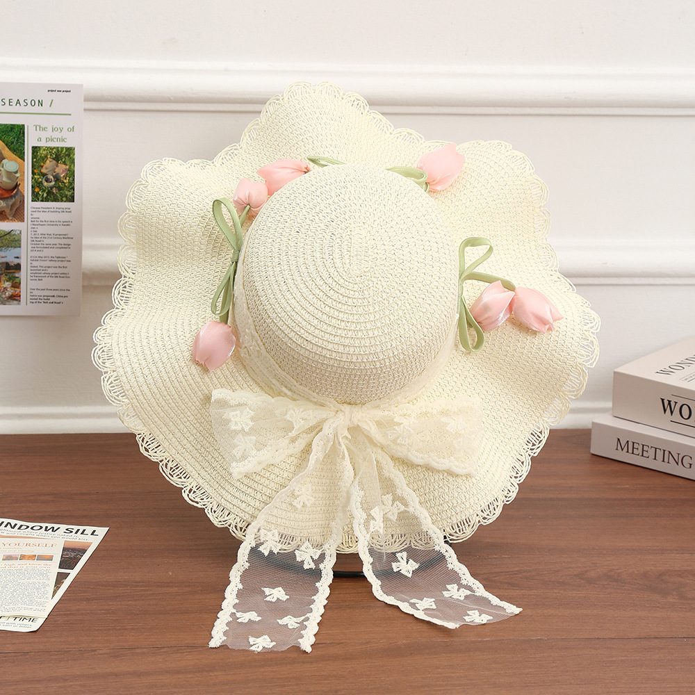 Sombrero de paja con lazo – estilo veraniego, ala ancha, para playa o vacaciones al aire libre