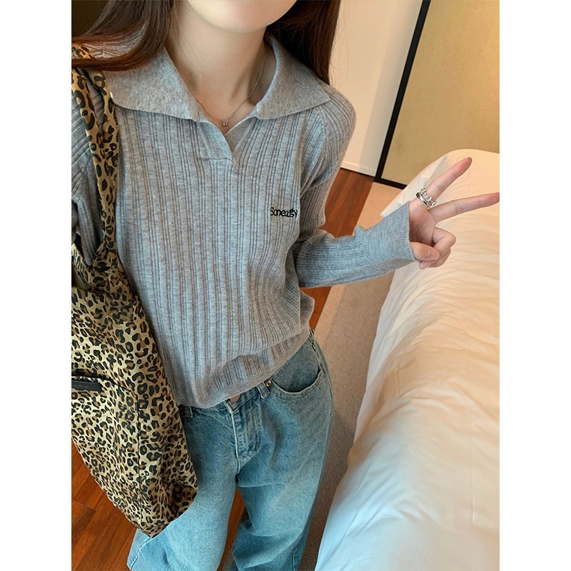 藏青色polo领针织衫女早秋季秋冬内搭打底衫薄款翻领针织上衣毛衣|undefined