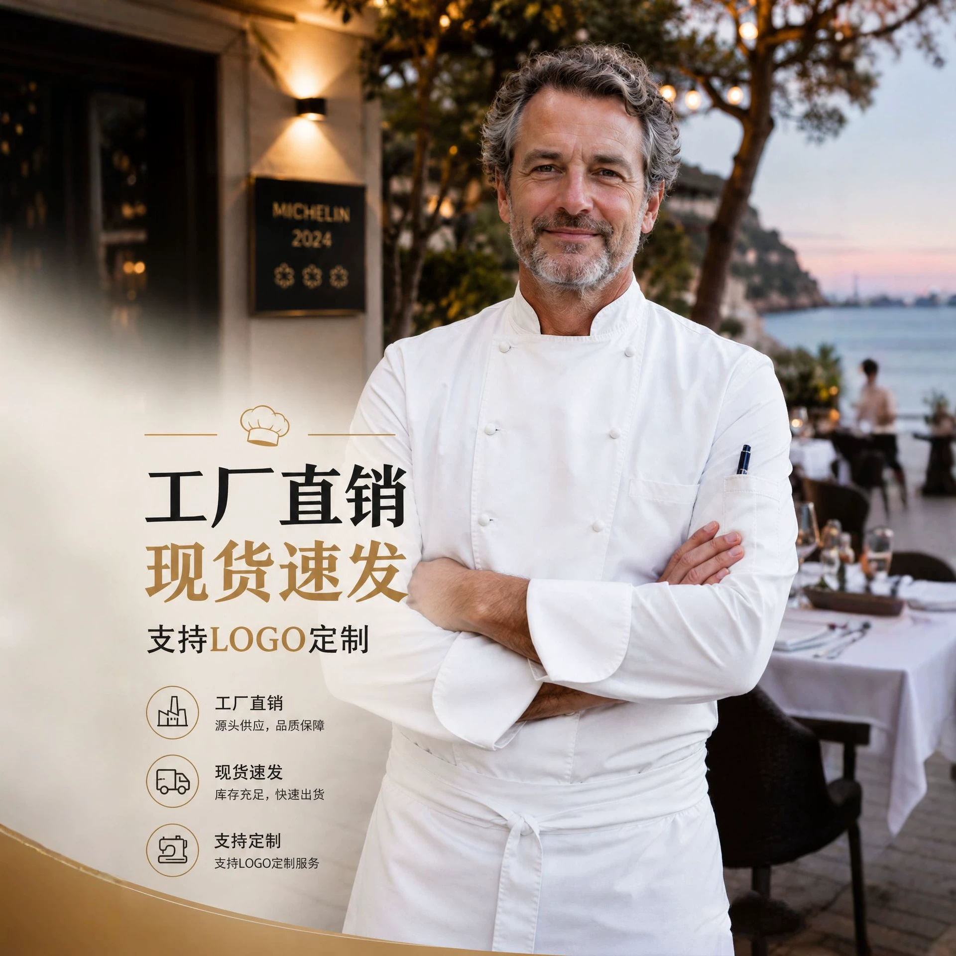High-end restaurant chef uniforms, western restaurant chef uniforms, hotel workwear, long-sleeved chef uniforms, customizable with embroidered logo