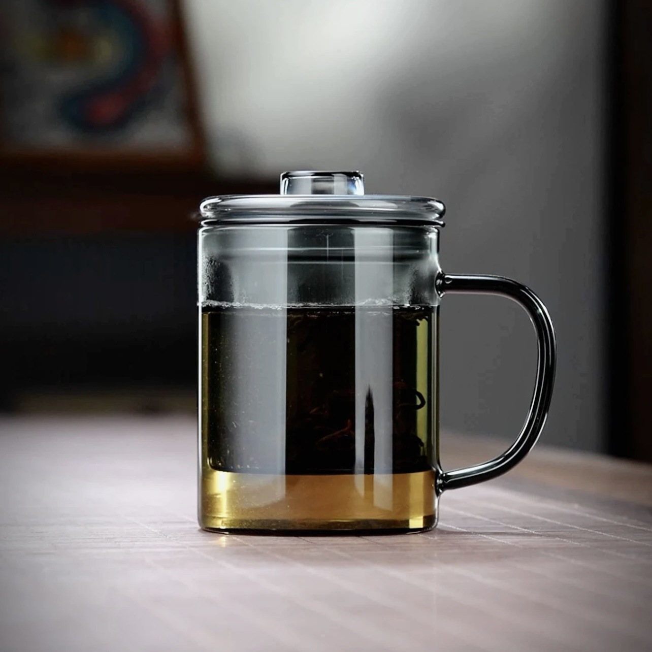 玻璃杯耐热透黑玻璃过滤普洱泡茶杯创意木把高硼硅玻璃待客三件杯