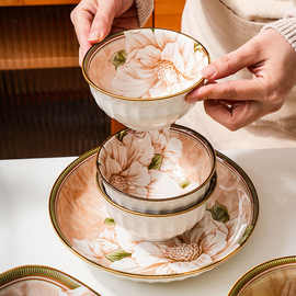 山茶花陶瓷米饭碗家用吃饭高颜值日式5英寸日式碗釉下彩微波炉