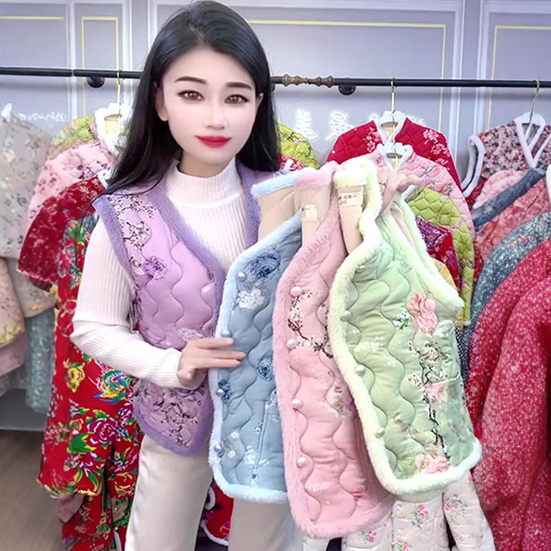 Autumn and Winter Fashion fleece-lined Thickened Middle-aged and Elderly Mother's Vest Women's Northeast Waistcoat National Style Printed Coat Trendy