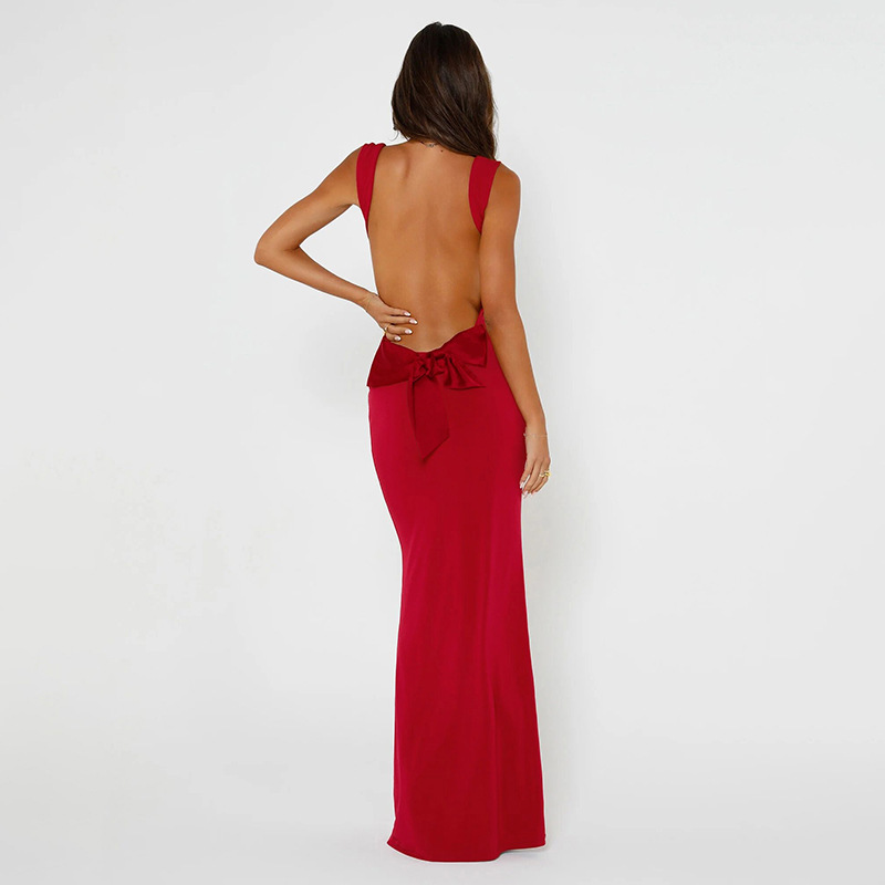 2024 Spring New Fashion Women's Fashionable Strap Sexy Backless Bow Slim Fit Bodycon Dress_ecoleips.com