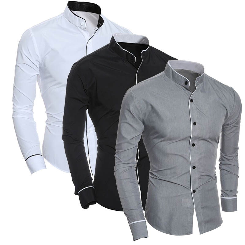 New Arrival Men's Slim-Fit Classic Solid-Color Simple Stand-Neck Shirt with Unique Patchwork Design, Perfect as a Base Layer or Outerwear