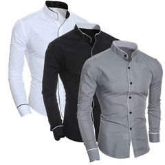 New Arrival Men's Slim-Fit Classic Solid-Color Simple Stand-Neck Shirt with Unique Patchwork Design, Perfect as a Base Layer or Outerwear