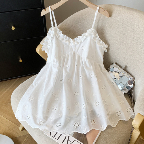Lose weight large size 300 pounds design sense lace edge spaghetti strap top women summer niche matchy matchy sweet tunic