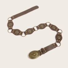 欧美复古街头时尚镂空圆环PU皮革拼接特色收腰皮带百搭钉珠女腰带