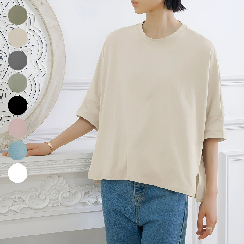 Lotte 8-цветная летняя женская футболка в японском стиле с рукавами «летучая мышь», однотонный свободный топ с боковым разрезом, трансграничный в наличии