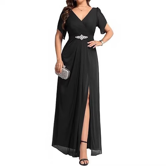 Women's Hat Sleeveless Bride's Mother Dress Rhinestone Chiffon Maxi Formal Evening Gown