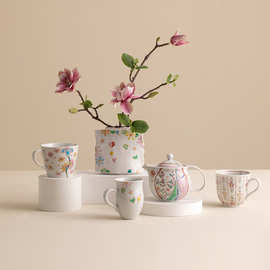 日本进口九谷烧花见玲珑马克杯陶瓷日式清新手绘花卉水杯茶壶花瓶